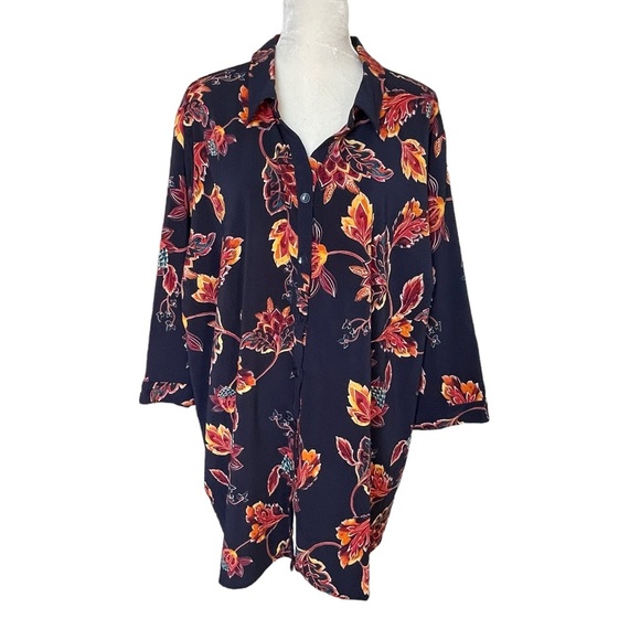 Catherines Women’s Leaf Floral Print Tunic Blouse Shirt Plus Size 3X Navy Orange - Picture 1 of 7